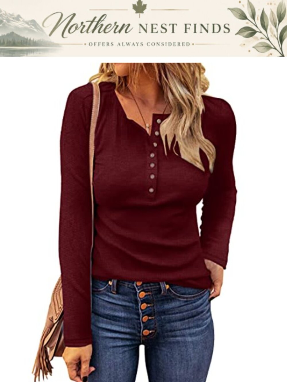 Waffle Knit Tunic Top Button Down V Neck Long Sleeve Women's